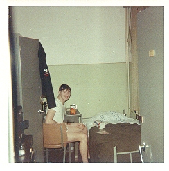 CTT3 Dave Franklin in room 205, Bldg. 13 barracks.  Dave is
eating Korn Kurls and peanut butter and jelly.